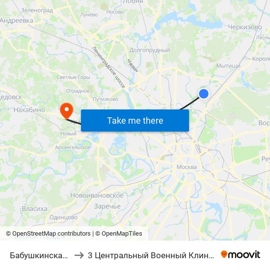 Бабушкинская (Babushkinskaya) to 3 Центральный Военный Клинический госпиталь им. Вишневского map