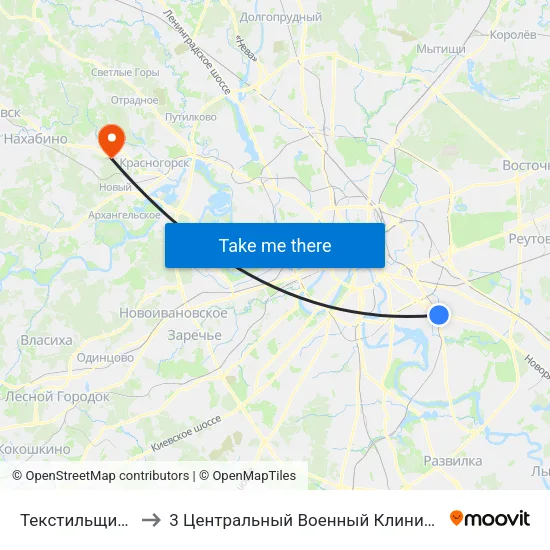 Текстильщики (Tekstilschiki) to 3 Центральный Военный Клинический госпиталь им. Вишневского map