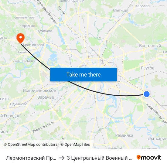 Лермонтовский Проспект (Lermontovsky Prospekt) to 3 Центральный Военный Клинический госпиталь им. Вишневского map