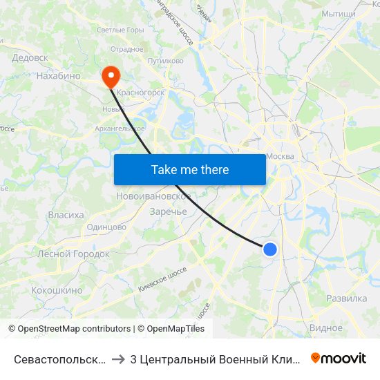 Севастопольская (Sevastopolskaya) to 3 Центральный Военный Клинический госпиталь им. Вишневского map