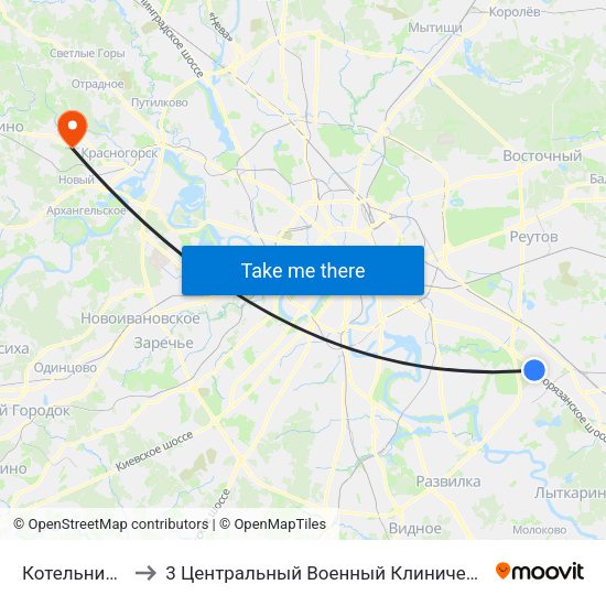 Котельники (Kotelniki) to 3 Центральный Военный Клинический госпиталь им. Вишневского map