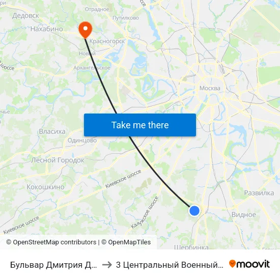 Бульвар Дмитрия Донского (Bulvar Dmitriya Donskogo) to 3 Центральный Военный Клинический госпиталь им. Вишневского map