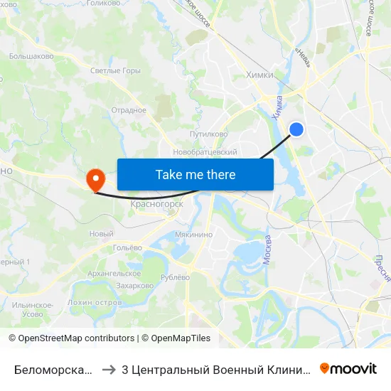 Беломорская (Belomorskaya) to 3 Центральный Военный Клинический госпиталь им. Вишневского map