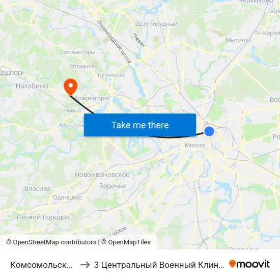 Комсомольская (Komsomolskaya) to 3 Центральный Военный Клинический госпиталь им. Вишневского map