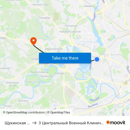 Щукинская (Schukinskaya) to 3 Центральный Военный Клинический госпиталь им. Вишневского map