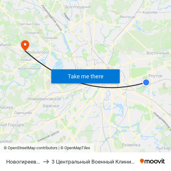 Новогиреево (Novogireevo) to 3 Центральный Военный Клинический госпиталь им. Вишневского map