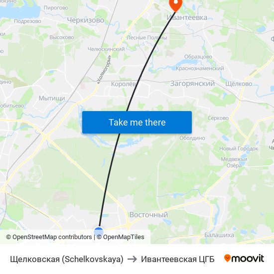 Щелковская (Schelkovskaya) to Ивантеевская ЦГБ map