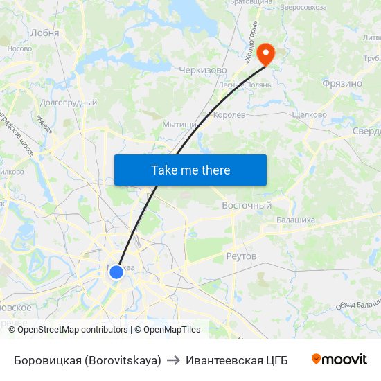 Боровицкая (Borovitskaya) to Ивантеевская ЦГБ map
