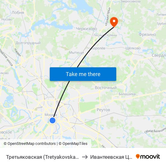 Третьяковская (Tretyakovskaya) to Ивантеевская ЦГБ map