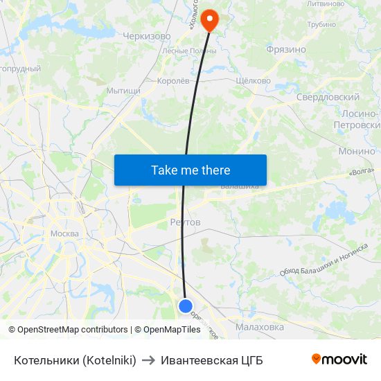 Котельники (Kotelniki) to Ивантеевская ЦГБ map