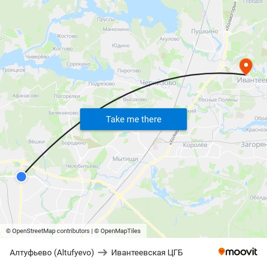 Алтуфьево (Altufyevo) to Ивантеевская ЦГБ map