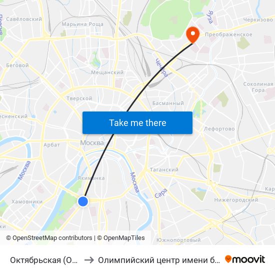 Октябрьская (Oktyabrskaya) to Олимпийский центр имeни братьев Знаменских map