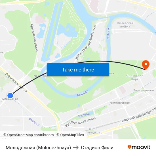 Молодежная (Molodezhnaya) to Стадион Фили map