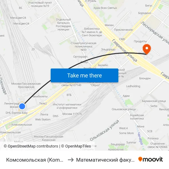 Комсомольская (Komsomolskaya) to Математический факультет МГПУ map