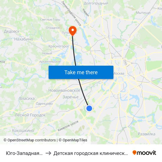 Юго-Западная (Yugo-Zapadnaya) to Детская городская клиническая больница имени З.А. Башляевой map