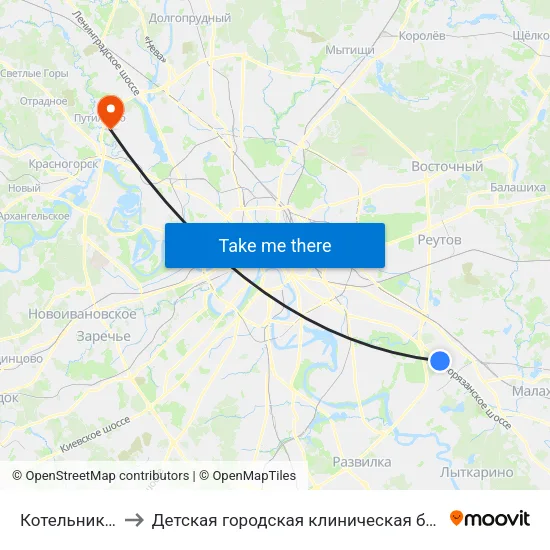 Котельники (Kotelniki) to Детская городская клиническая больница имени З.А. Башляевой map