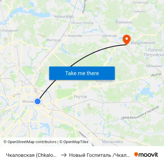 Чкаловская (Chkalovskaya) to Новый Госпиталь /Чкаловский/ map