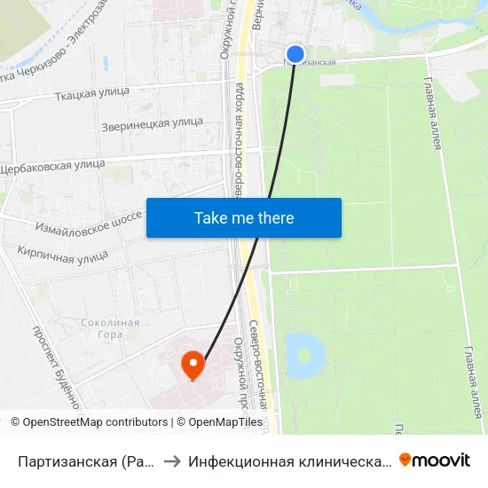 Партизанская (Partizanskaya) to Инфекционная клиническая больница № 2 map