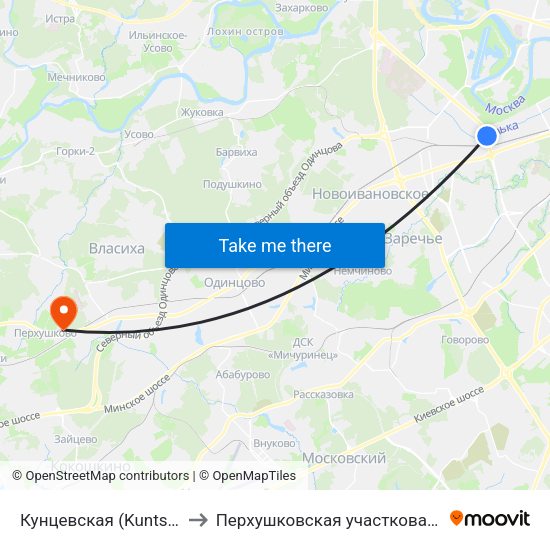Кунцевская (Kuntsevskaya) to Перхушковская участковая больница map