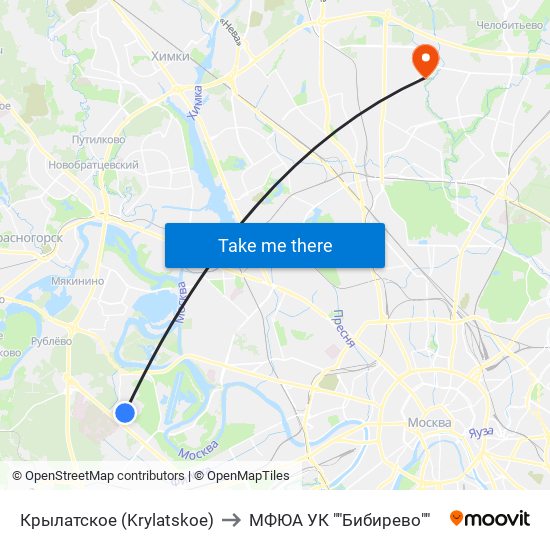 Крылатское (Krylatskoe) to МФЮА УК ""Бибирево"" map