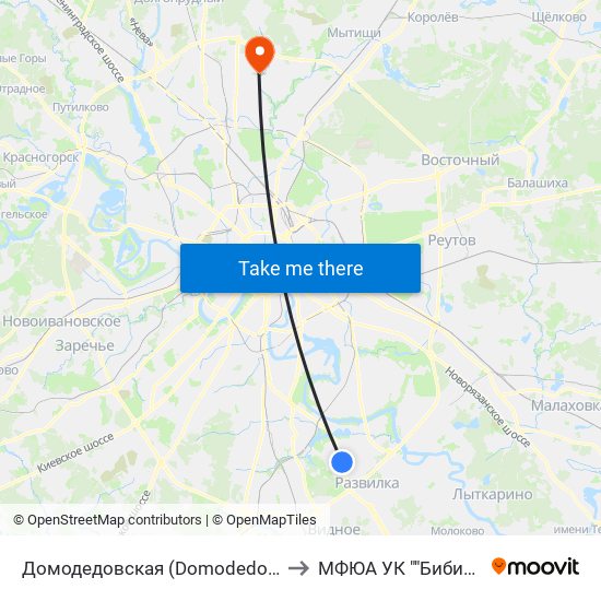 Домодедовская (Domodedovskaya) to МФЮА УК ""Бибирево"" map