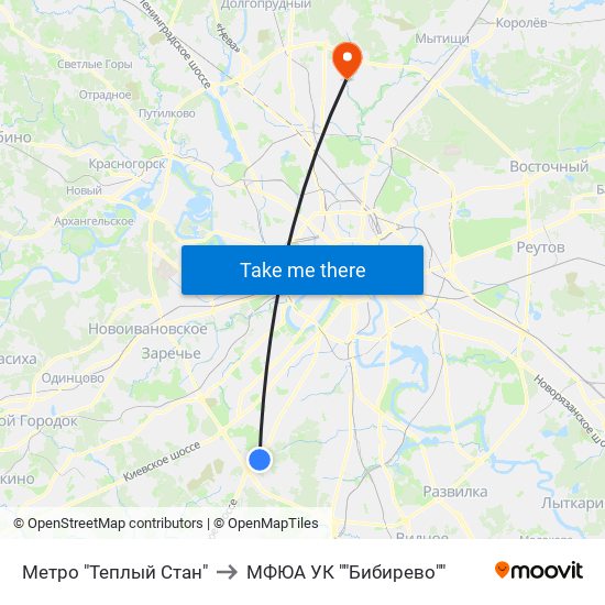 Метро "Теплый Стан" to МФЮА УК ""Бибирево"" map