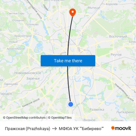 Пражская (Prazhskaya) to МФЮА УК ""Бибирево"" map