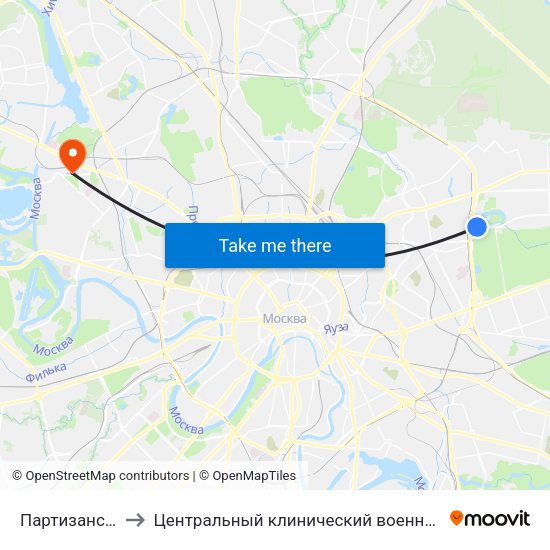 Партизанская (Partizanskaya) to Центральный клинический военный госпиталь ФСБ РФ (Терапевтическое отделение) map