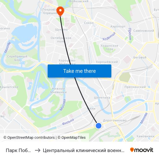 Парк Победы (Park Pobedy) to Центральный клинический военный госпиталь ФСБ РФ (Терапевтическое отделение) map
