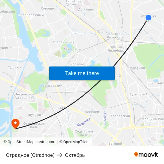 Отрадное (Otradnoe) to Октябрь map