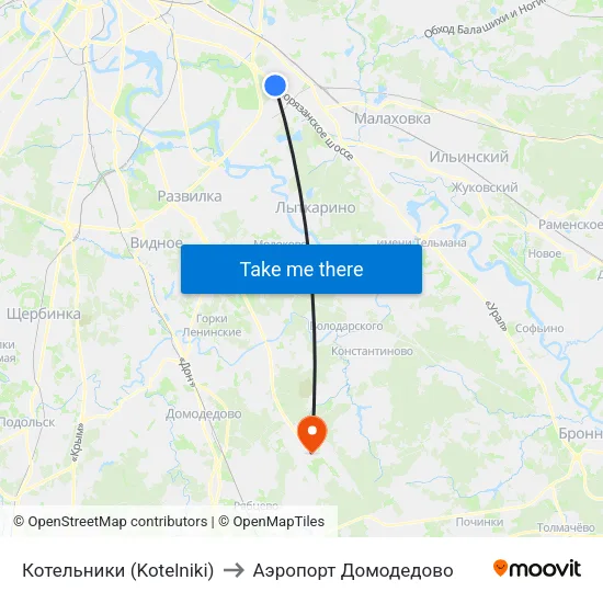 Котельники (Kotelniki) to Аэропорт Домодедово map