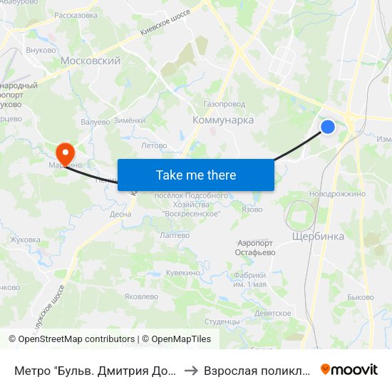 Метро "Бульв. Дмитрия Донского" to Взрослая поликлиника map