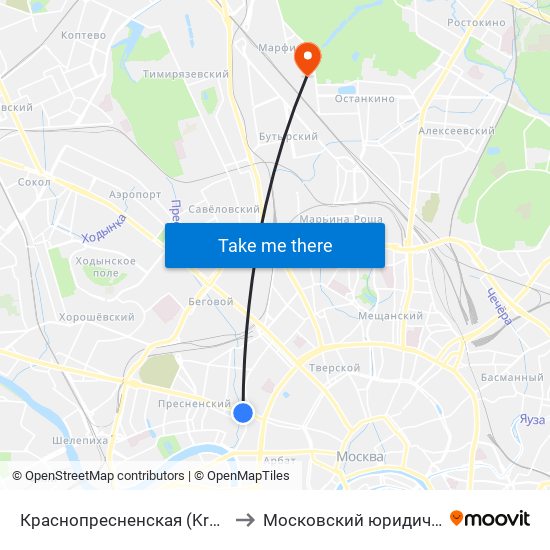 Краснопресненская (Krasnopresnenskaya) to Московский юридический институт map