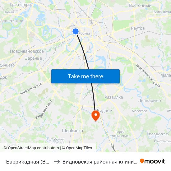 Баррикадная (Barrikadnaya) to Видновская районная клиническая больница map