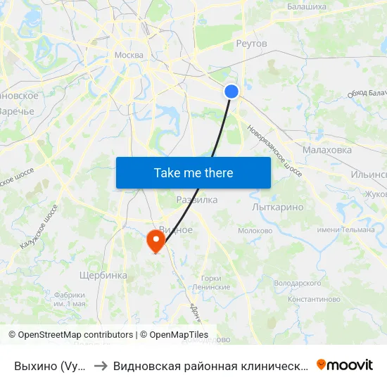Выхино (Vykhino) to Видновская районная клиническая больница map