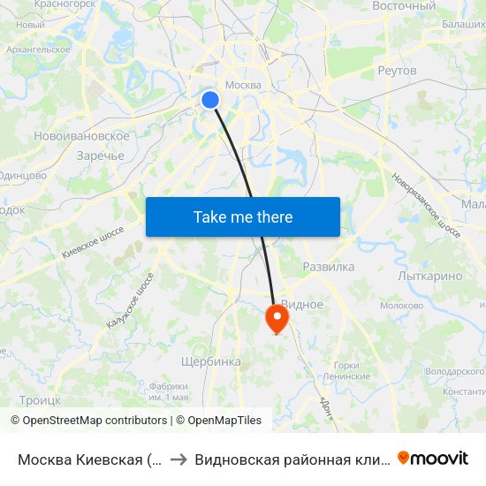 Москва Киевская (Kievsky Station) to Видновская районная клиническая больница map