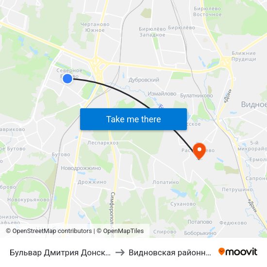 Бульвар Дмитрия Донского (Bulvar Dmitriya Donskogo) to Видновская районная клиническая больница map