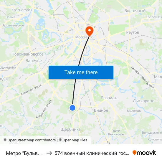 Метро "Бульв. Дмитрия Донского" to 574 военный клинический госпиталь Московского военного округа map