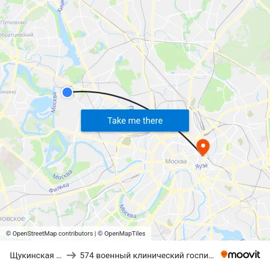 Щукинская (Schukinskaya) to 574 военный клинический госпиталь Московского военного округа map