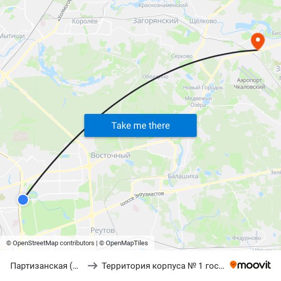 Партизанская (Partizanskaya) to Территория корпуса № 1 госпиталя им. Бурденко map