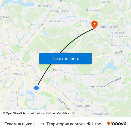 Текстильщики (Tekstilschiki) to Территория корпуса № 1 госпиталя им. Бурденко map