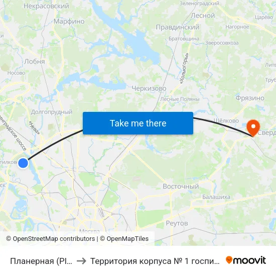 Планерная (Planernaya) to Территория корпуса № 1 госпиталя им. Бурденко map