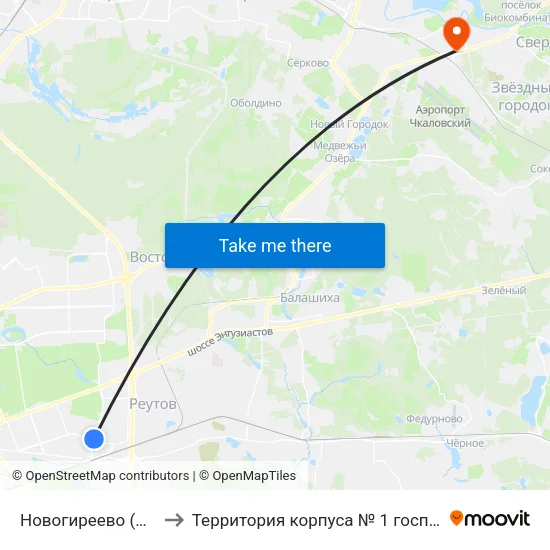 Новогиреево (Novogireevo) to Территория корпуса № 1 госпиталя им. Бурденко map
