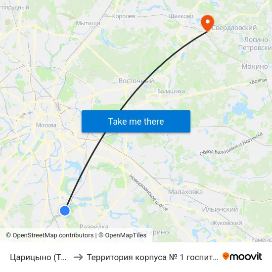 Царицыно (Tsaritsyno) to Территория корпуса № 1 госпиталя им. Бурденко map