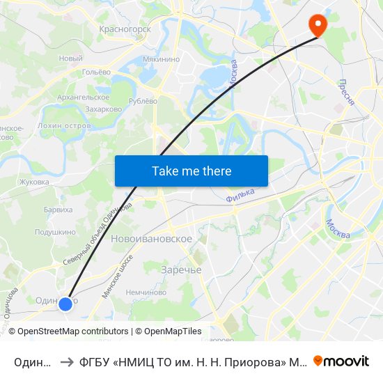 Одинцово to ФГБУ «НМИЦ ТО им. Н. Н. Приорова» Минздрава России map