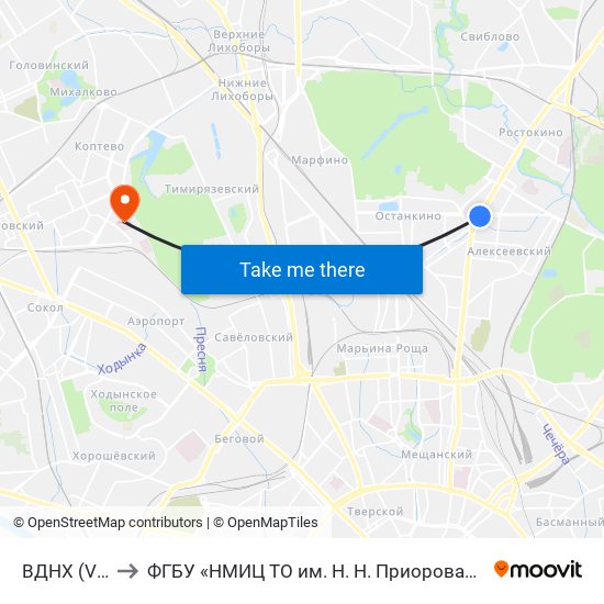 ВДНХ (VDNKh) to ФГБУ «НМИЦ ТО им. Н. Н. Приорова» Минздрава России map