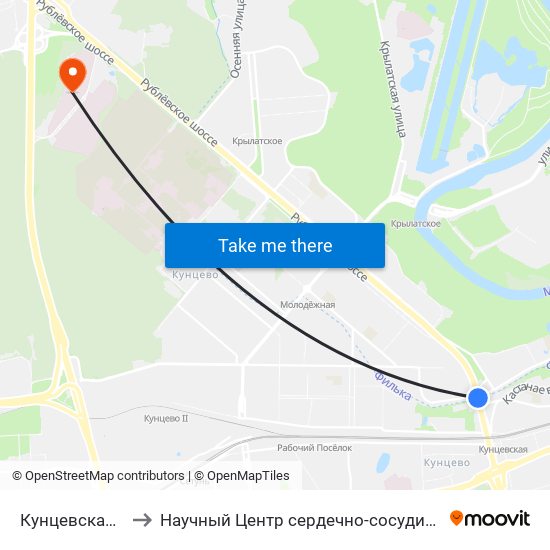 Кунцевская (Kuntsevskaya) to Научный Центр сердечно-сосудистой хирургии им. А. Н. Бакулева РАМН map