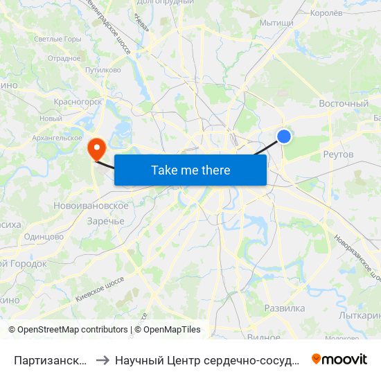 Партизанская (Partizanskaya) to Научный Центр сердечно-сосудистой хирургии им. А. Н. Бакулева РАМН map