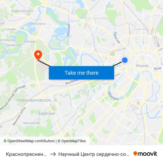 Краснопресненская (Krasnopresnenskaya) to Научный Центр сердечно-сосудистой хирургии им. А. Н. Бакулева РАМН map