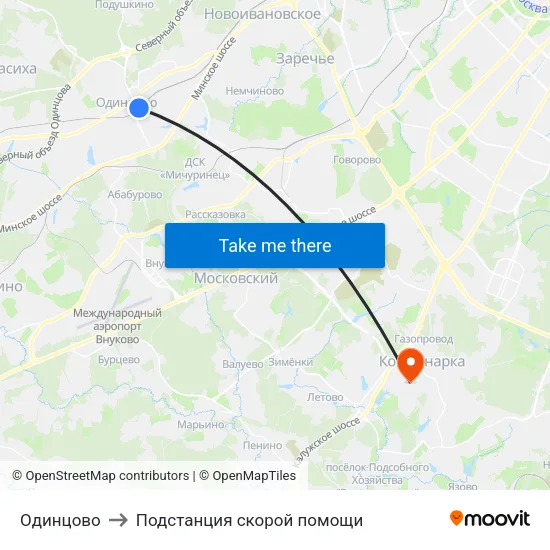 Одинцово to Подстанция скорой помощи map